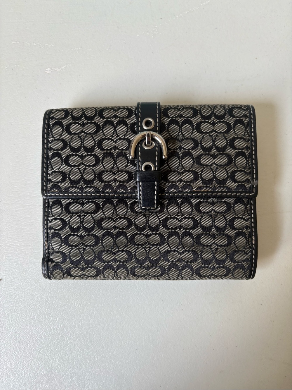 Coach Black and Grey Signature Canvas Bifold Wallet with Buckle and Pocket